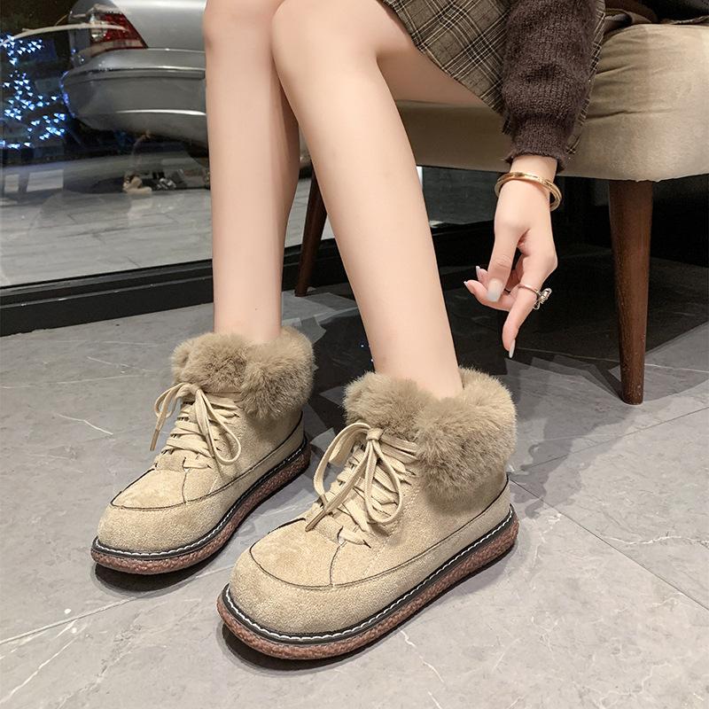 Зимние сапоги, женская зимняя плюшевая теплая хлопковая обувь, универсальная нескользящая шерстяная хлопковая обувь на шнуровке на толстой подошве