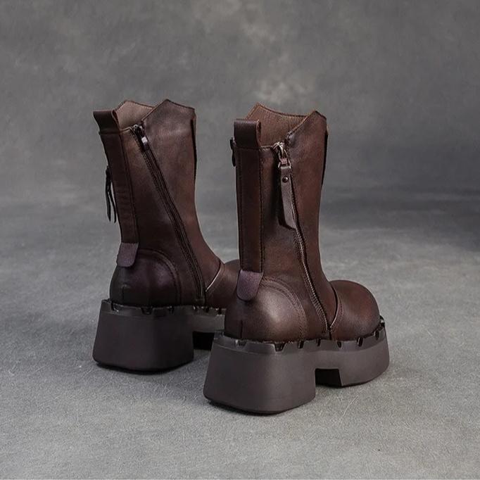 Johnature Genuine Leather Mid-calf Boots Retro Commuter Side Zipper Thick Heel Thick Bottom Women's Boots