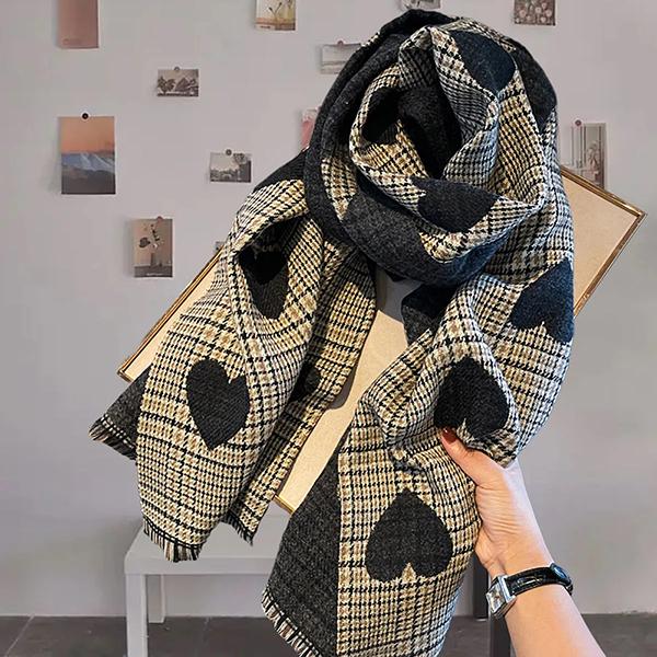 WTEMPO Женские осенне-зимние милые ветрозащитные шарфы в стиле ретро, элегантные, в клетку, с принтом в виде маленьких сердечек, рождественские, новогодние, теплые, с кисточками, подарки