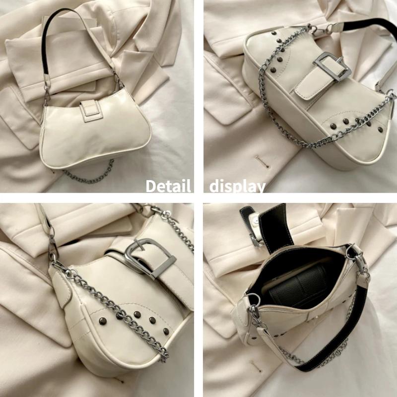 Vintage Rivet Women's Shoulder Bags Solid Color Ladies Underarm Bag Fashi Chain Small Handbags PU Leather Female Tote Purse