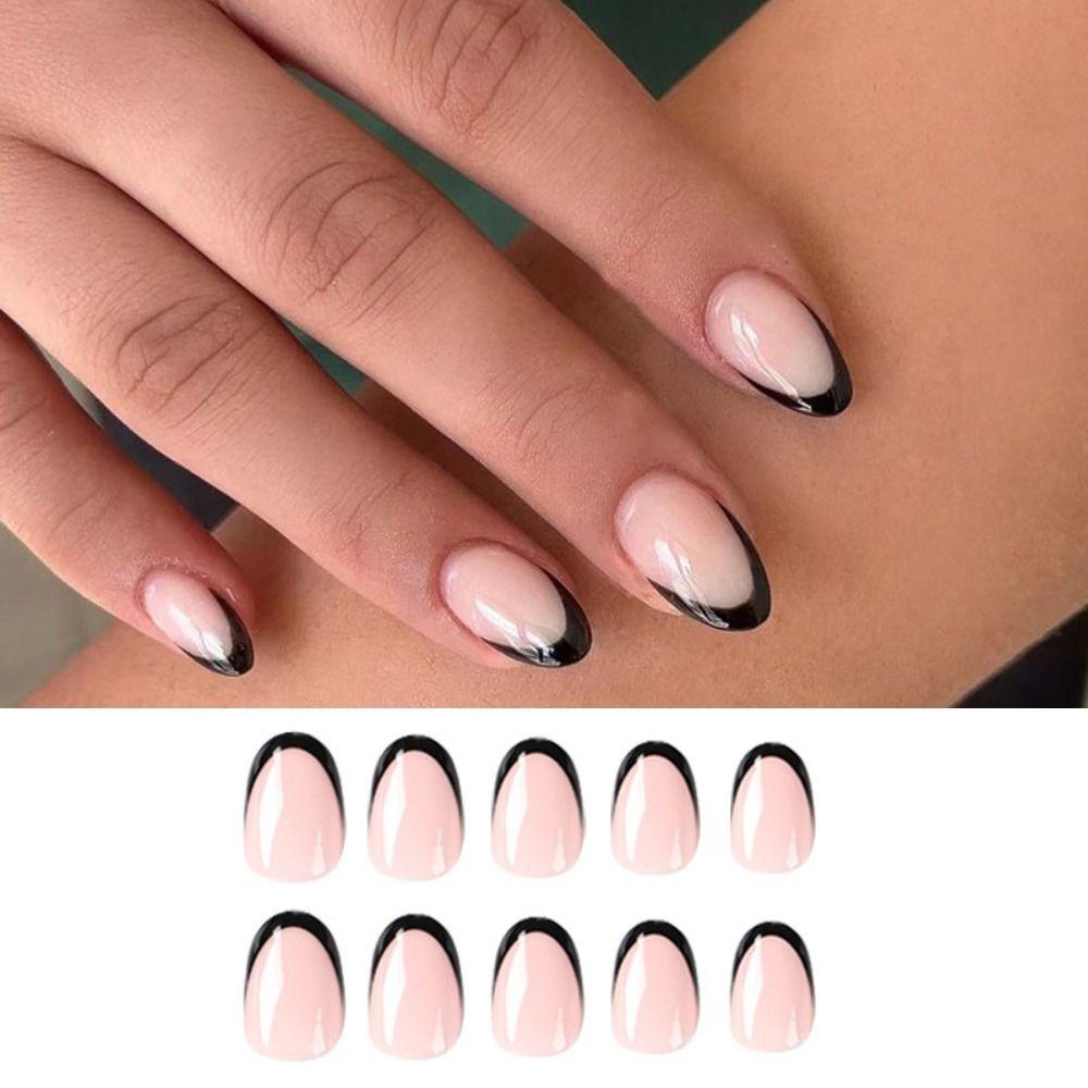 24pcs Manicure Fake Nials Press on Nails Black Edge Short Almond French False Nails