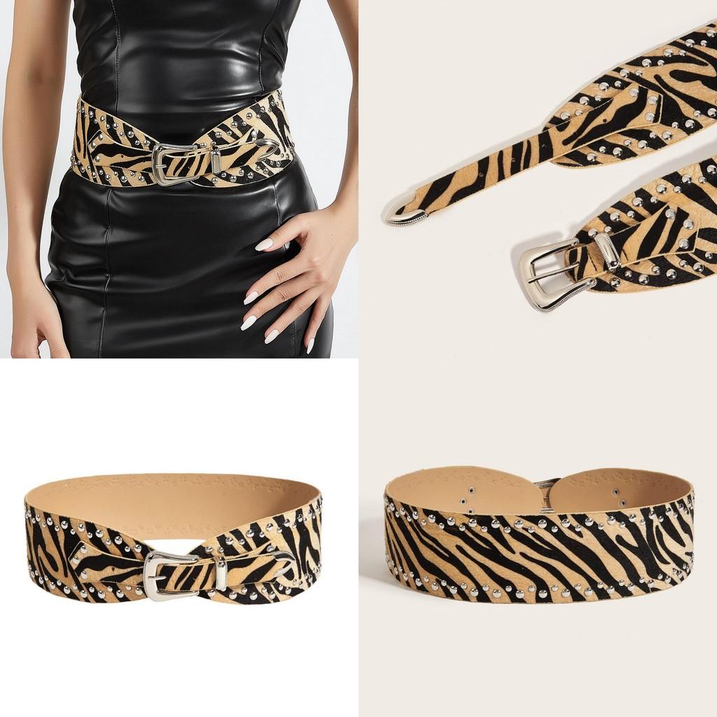 Fashion Print Leopard Pattern Rivet Metal Buckle Decoration Women Wide Waistband