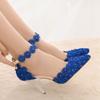 Blue Lace Beaded Flowers Wedding Shoes One-line Wristband Bride Shoes Thin Heel Pointed Sandals Stage Performance Shoes for Women