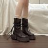2025 осень и зима простые сапоги-рыцари с бахромой в стиле пустоши модные сапоги до колена на толстом каблуке женские тонкие сапоги средней высоты
