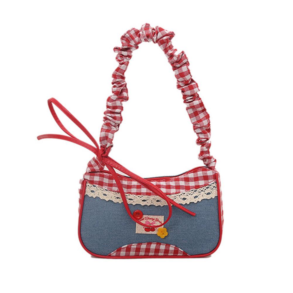 Женская модная клетчатая сумка через плечо с бантом, джинсовая, милая сумка под мышкой, плиссированный дизайн на кулиске, повседневная сумка для работы