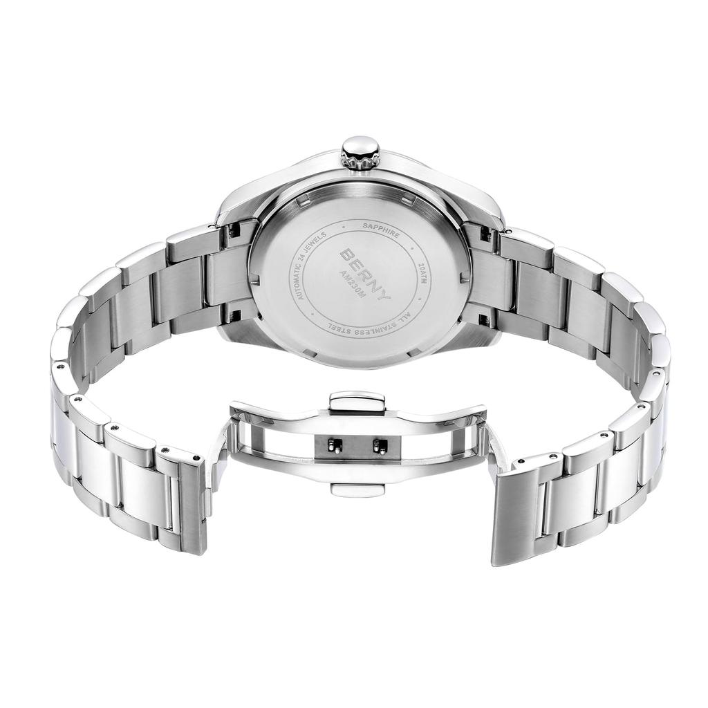 BERNY Автоматические 200М Водонепроницаемые Супер Люминесцентные Полностью из Нержавеющей Стали Аналоговые Сапфировое Стекло Календарь Включен Мужские Часы, Водонепроницаемые, Серебристые, Стальные, Часы, Кристалл,