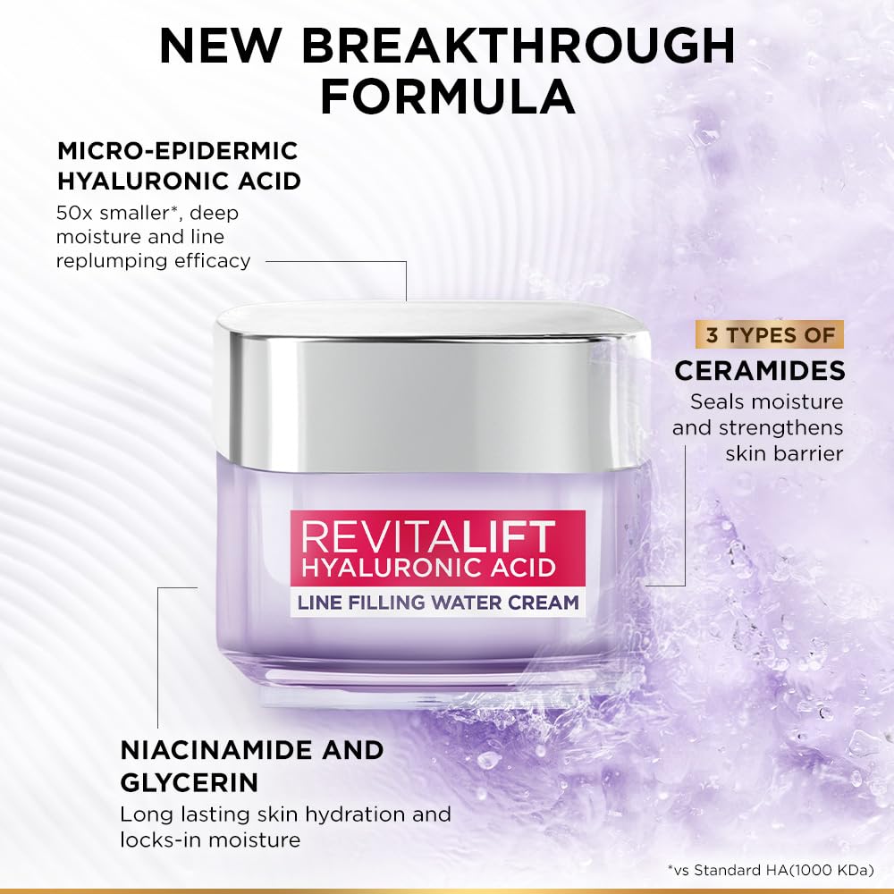 L'Oréal Paris Линия с гиалуроновой кислотой Наполняющий водный крем, Увлажняющий крем, Увлажнение, Придает коже объем, Керамиды для восстановления кожного барьера, 15 мл