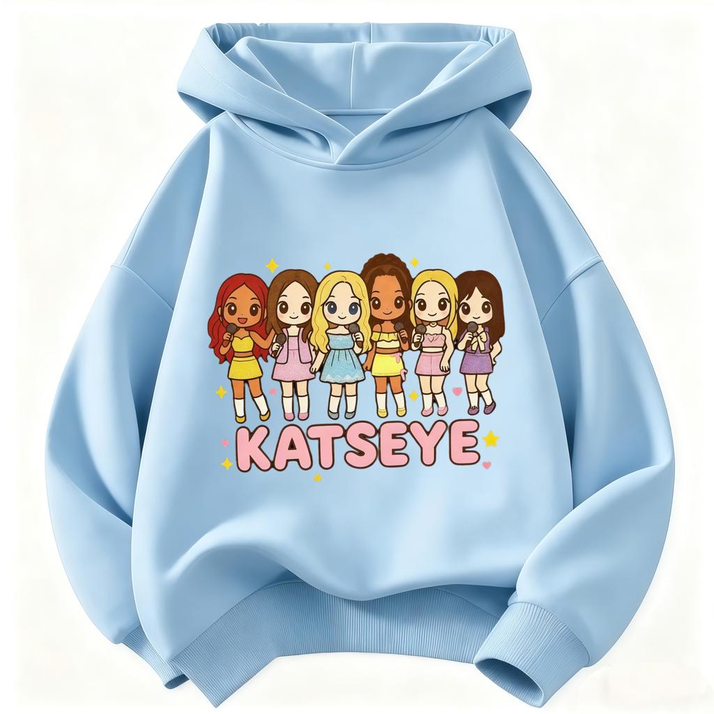 Kids KATSEYE Cartoon Character Hoodie Girls Long Sleeve Hooded Sweatshirt Group Graphic Pullover Children Casual Street Tops