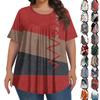 Women's Fashion Plus-size Casual Short-sleeved Vintage Color Block Patchwork Print Round Neck Front Pleat Top