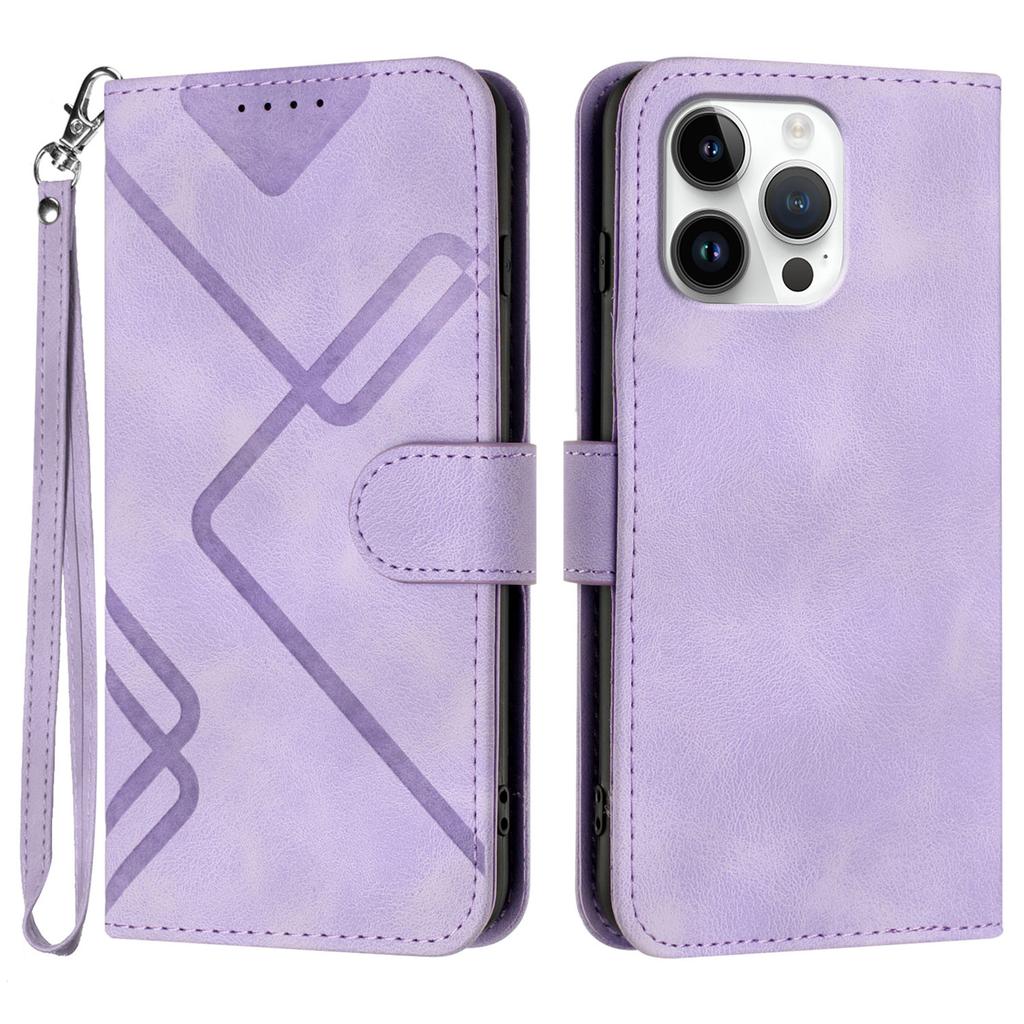 For iPhone 16 Pro Max Wallet Case Line Imprinted PU Leather Phone Cover with Strap