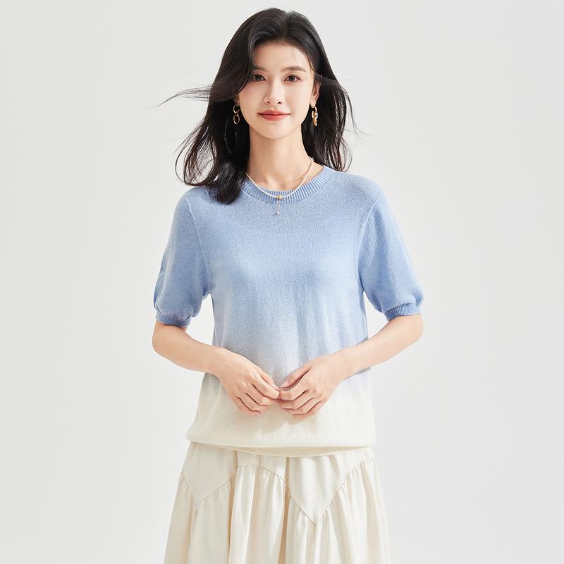 Autumn women's round neck short sleeved solid color gradient commuting versatile knitted wool sweater pullover top