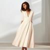 Women Midi Dress Deep V Neck A-line Flowy Hem Solid Color Half