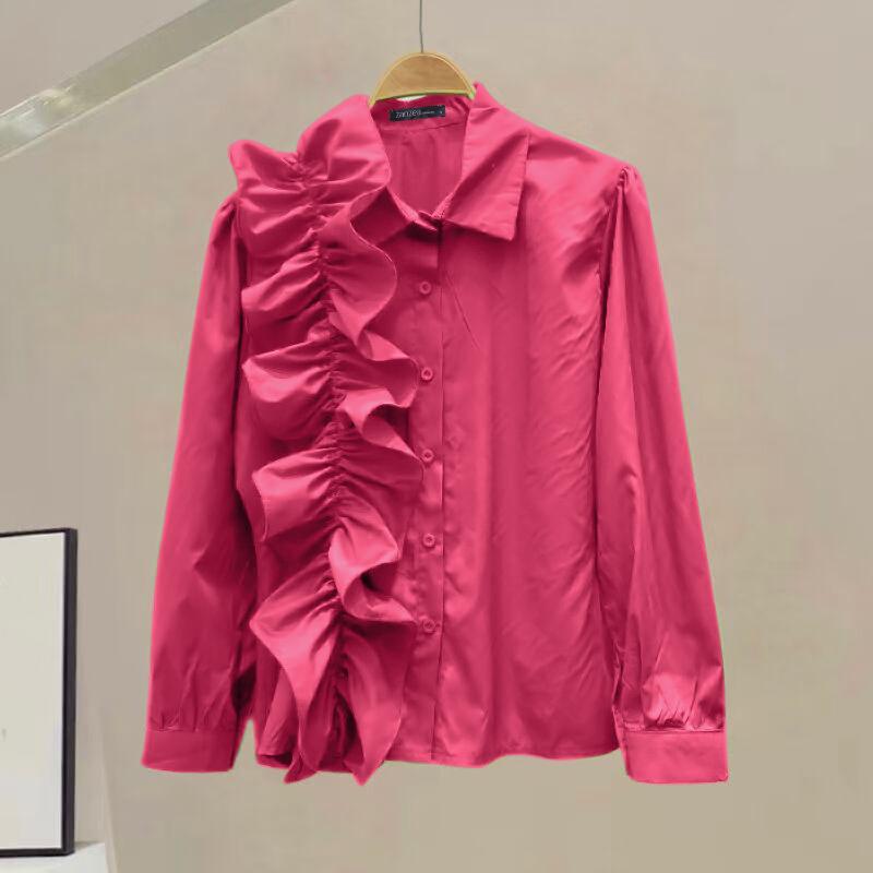 ZANZEA Женская повседневная однотонная рубашка с длинным рукавом и оборками