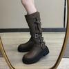 Мода 2024 Модная обувь для женщин Женские ботинки на молнии сбоку Зимние ботинки с круглым носком Однотонные ботинки-чулки на платформе и массивном каблуке Рыцарские ботинки