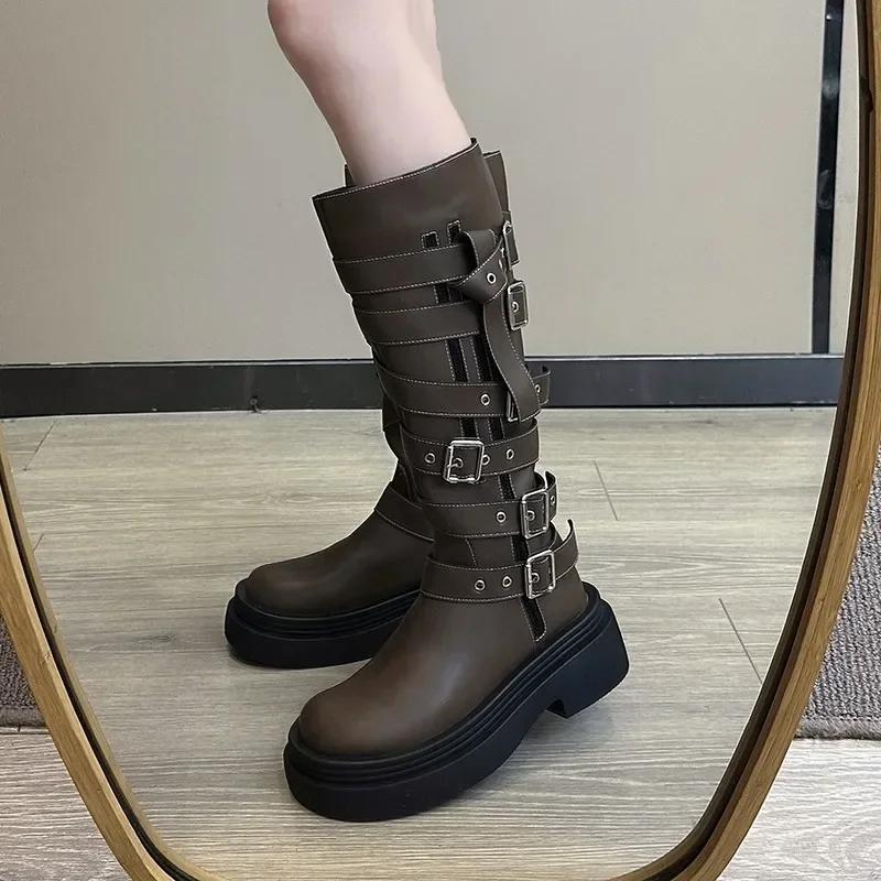 Мода 2024 Модная обувь для женщин Женские ботинки на молнии сбоку Зимние ботинки с круглым носком Однотонные ботинки-чулки на платформе и массивном каблуке Рыцарские ботинки
