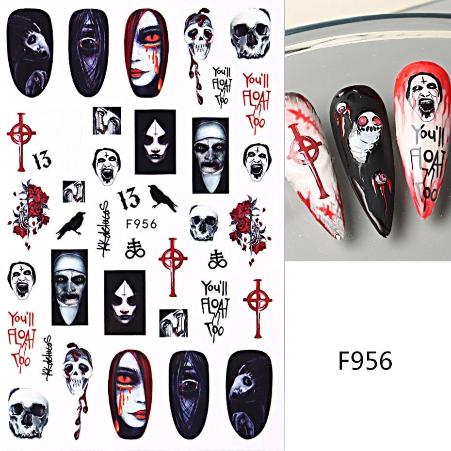 Cute Halloween Evil Nail Design Sticker Green Cartoon Skull Ghost Spooky 3D Punk Manicure Slider Decals DIY Nail Art