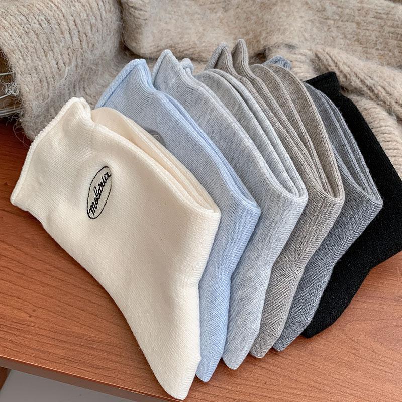 Wool Socks For Women Korean Embroidery Letters Boneless Textured Cotton Socks Casual Socks
