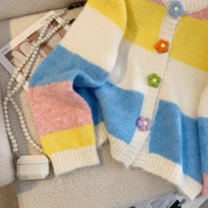 Женский вязаный кардиган с цветочными полосками и пуговицами, свободный женский свитер, осенний однобортный топ с длинными рукавами