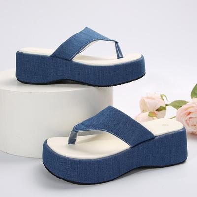 Модные женские сандалии на танкетке, летние новые с круглым носком и перемычкой, тканевая поверхность, толстая подошва, нескользящие, износостойкие шлепанцы