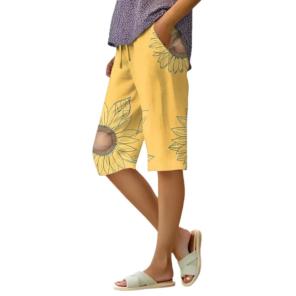 Женские летние свободные шорты из хлопка и льна с эластичным поясом и цветочным принтом