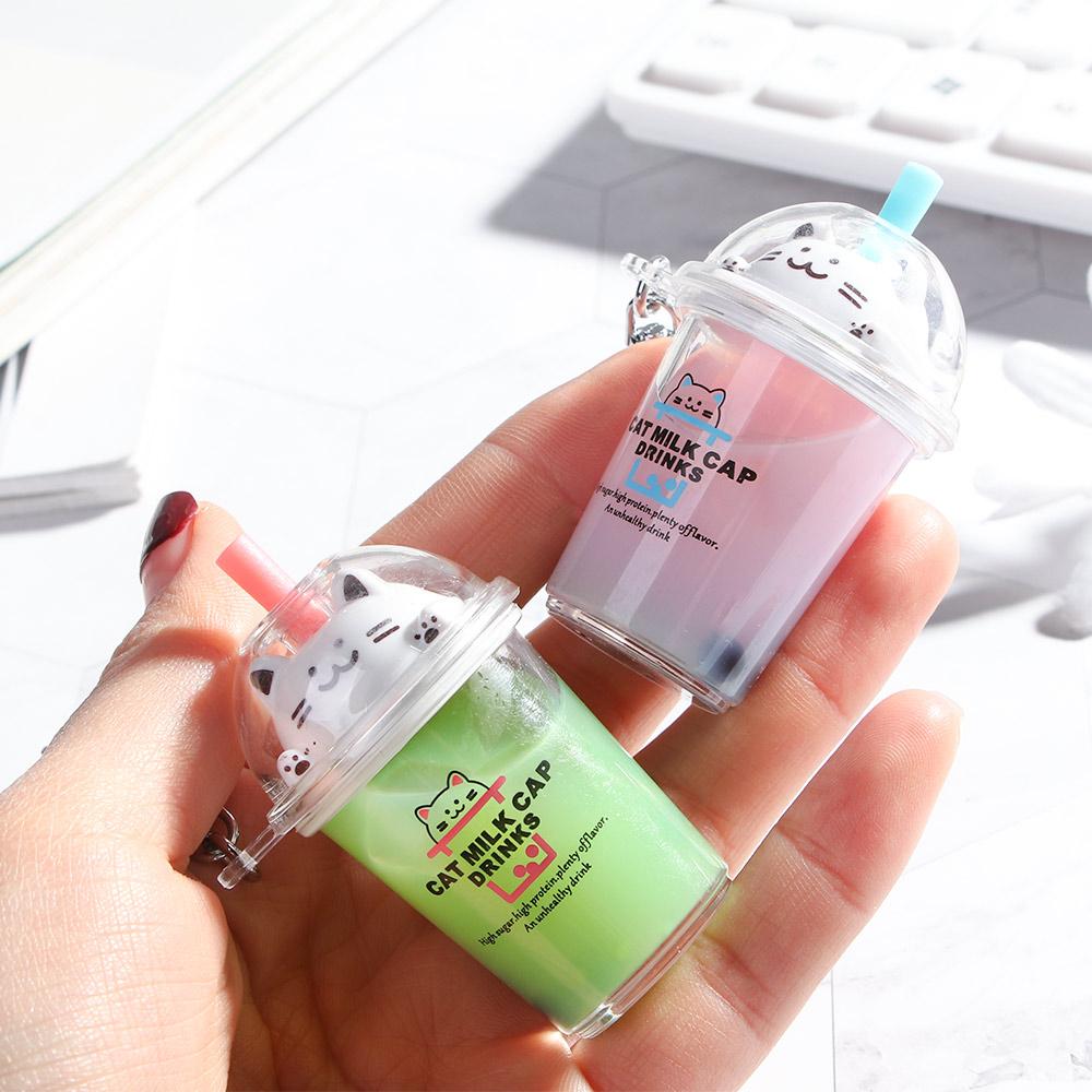 Women Liquid Fruit Cup Milk Tea Floating Cute Cat Key Chain Fashion Accessories Jewelry Key Ring