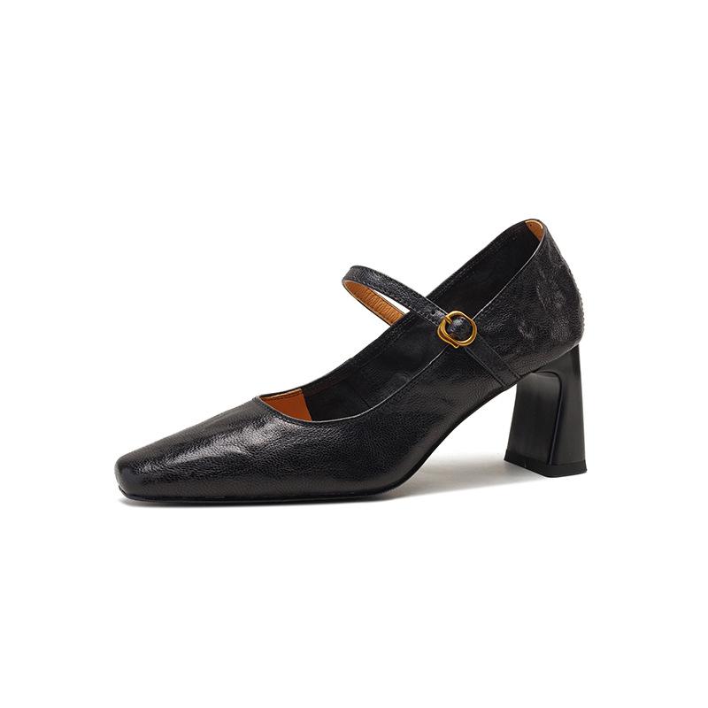 Туфли на высоком каблуке из мягкой овчины черного цвета, весна-осень 2025 года, новые французские туфли в стиле ретро на толстом каблуке с туфлями Мэри Джейн, женские одинарные туфли