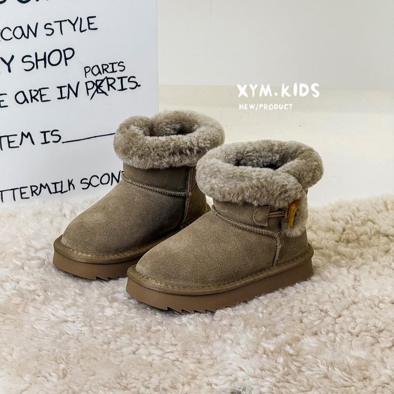 Kids Winter Snow Boots Girls With Horn Buttons Faux Suede Warm Lined Ankle Anti-Slip Rubber Sole