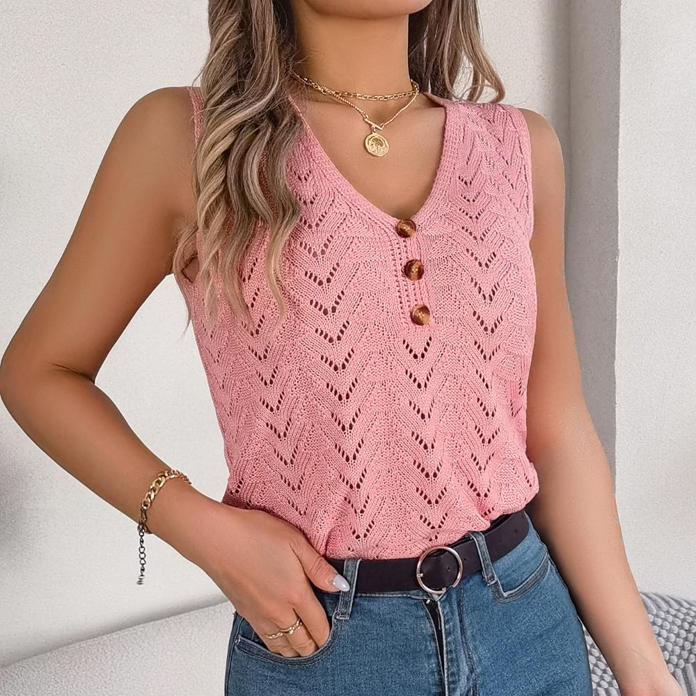Spring Summer Solid Color Elegant Hollow Button Tank Top Knitted Tops for Women
