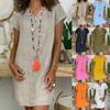 Fashion Women Loose V-Neck Summer Solid Short Sleeve Cotton And Linen Dress