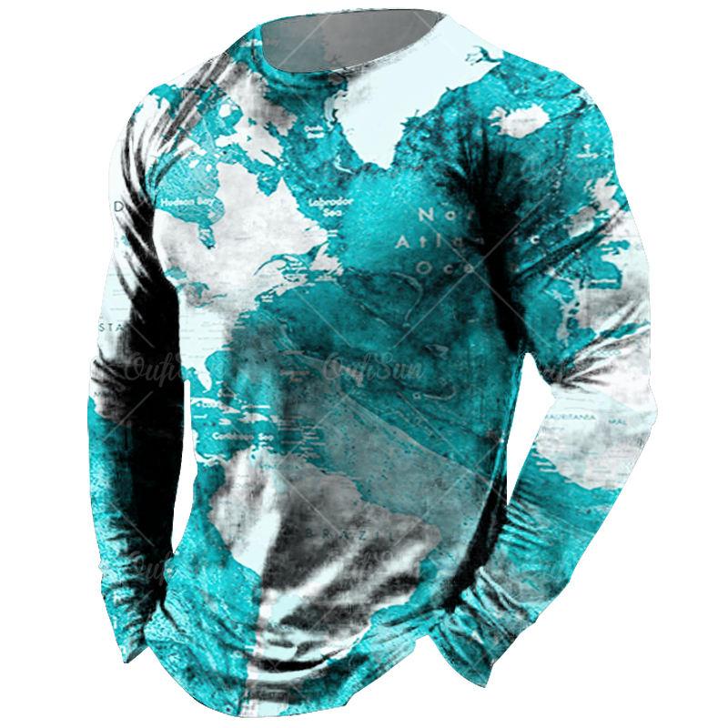Винтажная футболка с длинными рукавами для мужчин, рубашки с 3d-принтом карты, футболки с европейской графикой, старая мужская одежда, топы, повседневная уличная одежда