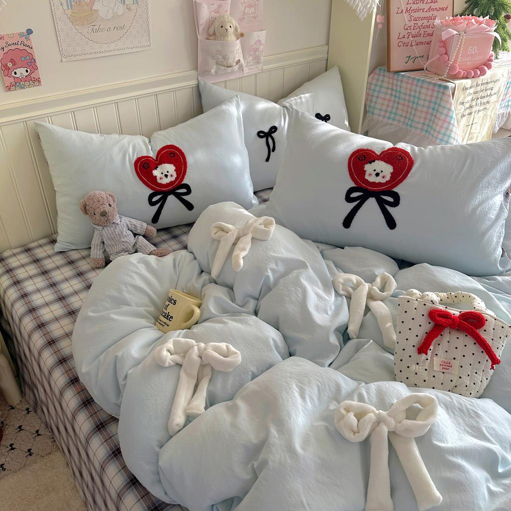 INS Princess Style Bow Bedding Sets For Single Bed  Quilt Cover Bedclothes Decor Woman Girls Bedroom Duvet Cover 4pcs