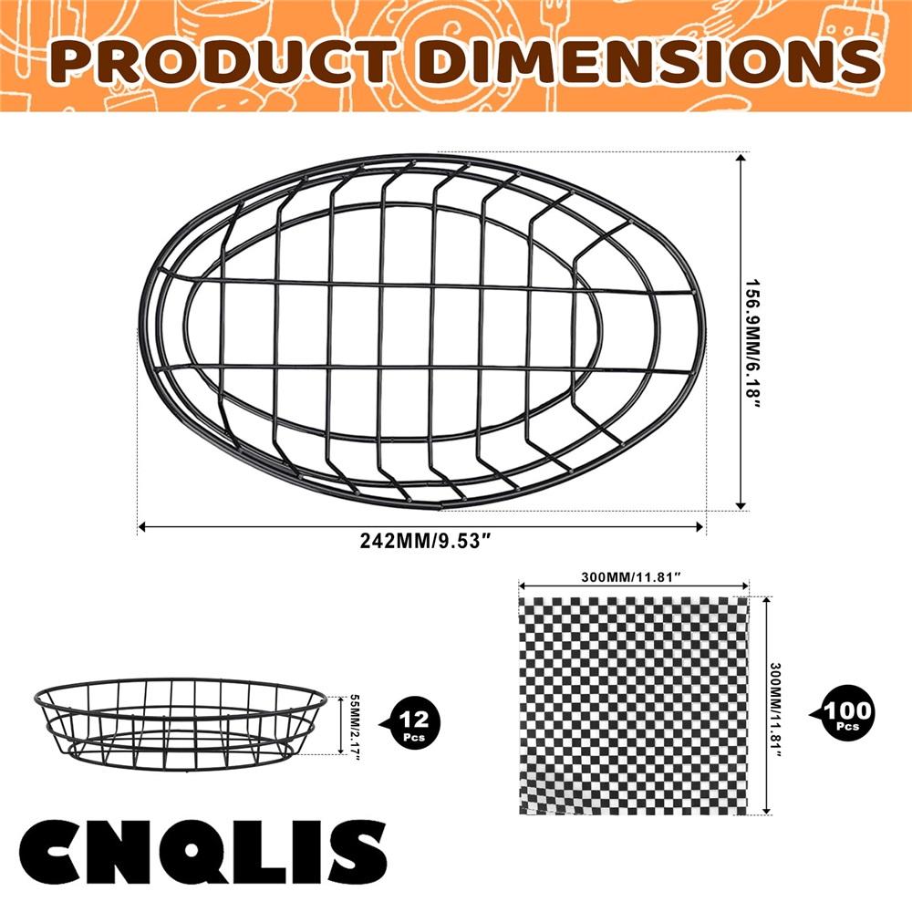 12-piece set of black wire bread baskets with 100 sheets of checkered deli paper liner – 9.65" x 6.1" x 2.2" metal fast food tray