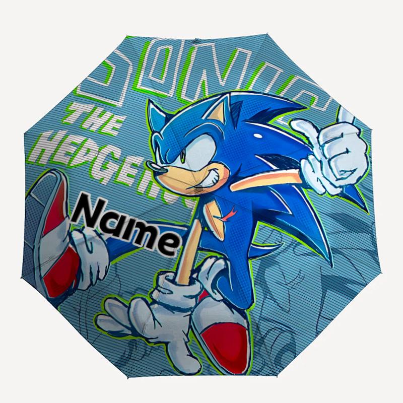 1pc Sonic Artwork Custom Name Automatic Folding Umbrella - Compact 8-Rib Design, Durable Plastic & Iron, Daily Use 047