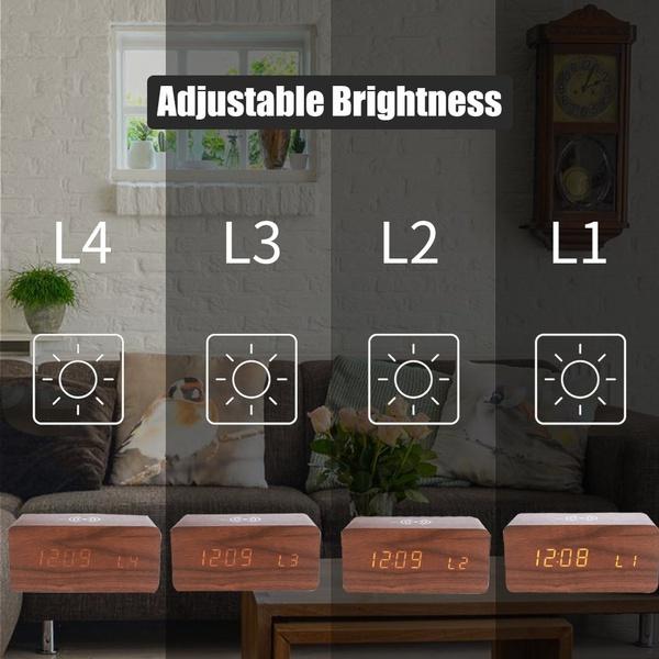 2025 Sound Control LED Digital Alarm Clock Wooden Design Thermometer Qi Wireless Charging Pad Desk Clock