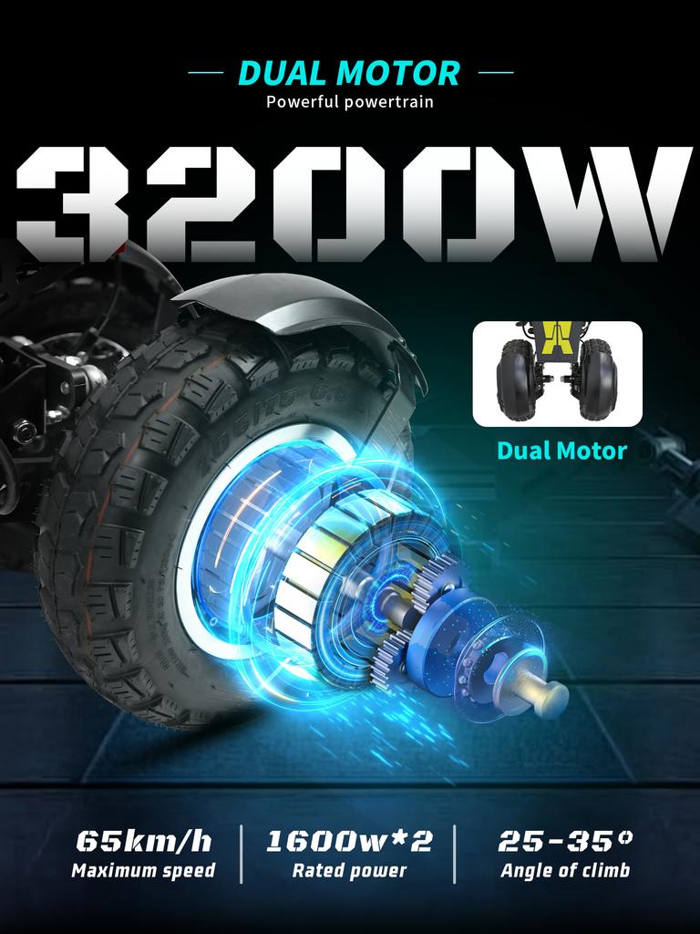 OOTD T30 Электросамокат 3200 Вт Двухмоторный 60 В 31,2 Ач Гидравлический тормоз Электрический самокат 13" Внедорожная шина Гидравлическая подвеска Электросамокаты