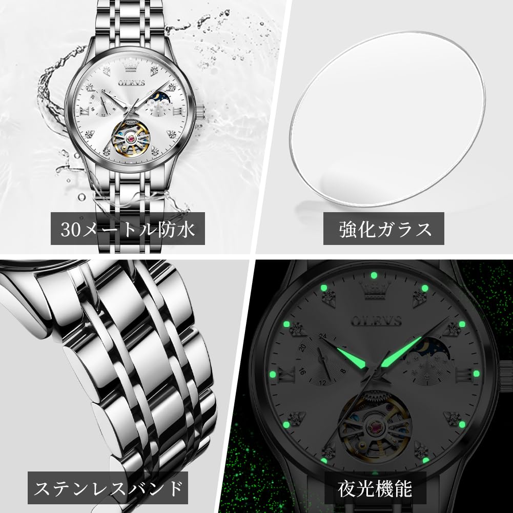 OLEVS Ladies Watch Mechanical Automatic Cute Arm Watch Ladies Watch Waterproof Luminous Diamond Sparkling Ladies Watch Date Ladies Watch White
