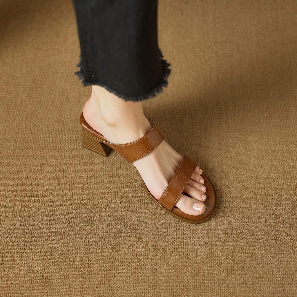 Krazing Pot Mules Cow Skin Thick Heels Peep Toe Street Wear Summer Size 42 Concise Style Elegant Women Sandals