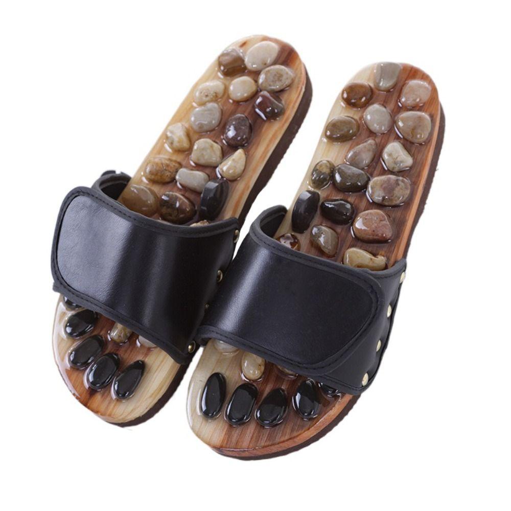 Natural Pebbles Acupressure Massage Slippers Feet Care Rotating Massage Stone Sandals Anti-slip Adjustable Foot Massager Shoes