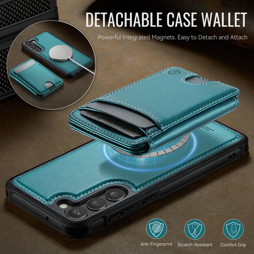 For Samsung Galaxy S23 Magnetic Case JEEHOOD J10 Leather Back Phone Cover with Detachable Card Holder Kickstand