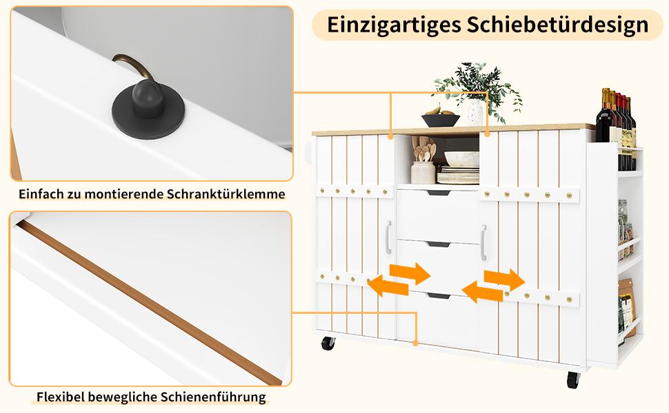 Serving trolley with wood grain, kitchen trolley with wheels, with spice rack and towel holder, island with sliding doors and drawers, white