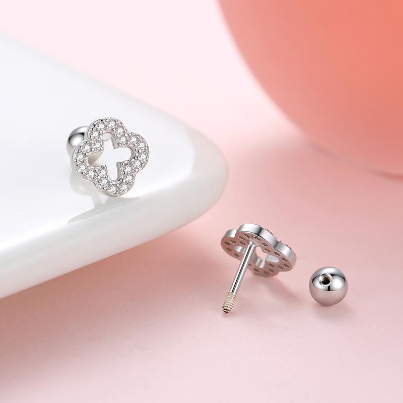 Flash Diamond Four-leaf Clover Earrings Female Screw Buckle Hollow Lucky Grass Earrings
