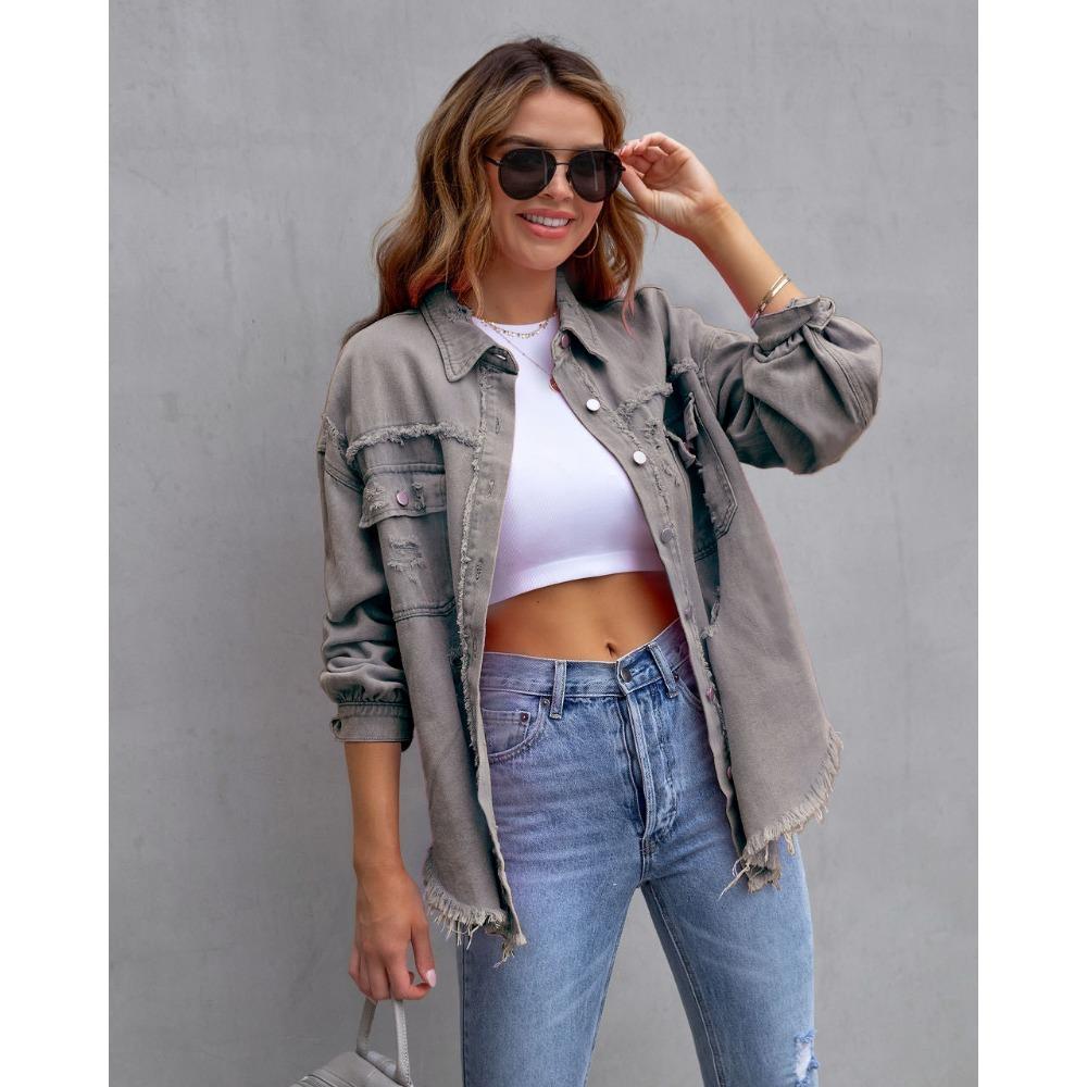 Длинная джинсовая куртка с рваными краями для женщин, осенне-зимний повседневный топ с длинными рукавами и лацканами
