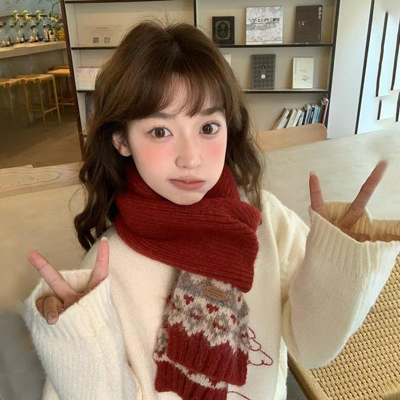 Fair Isle Red Wool Christmas Scarf: Women's Winter 2024 Korean Style Neck Warmer