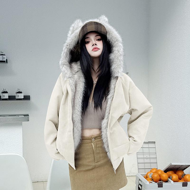 American Vintage Mountain Splicing Hooded Jacket Women's Loose Sweet Winter Pussy Ears College Cotton Coat
