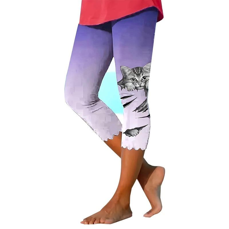 Повседневные женские леггинсы с принтом кота, капри, модные брюки для бега с высокой талией, элегантные узкие модные женские леггинсы, брюки 24520