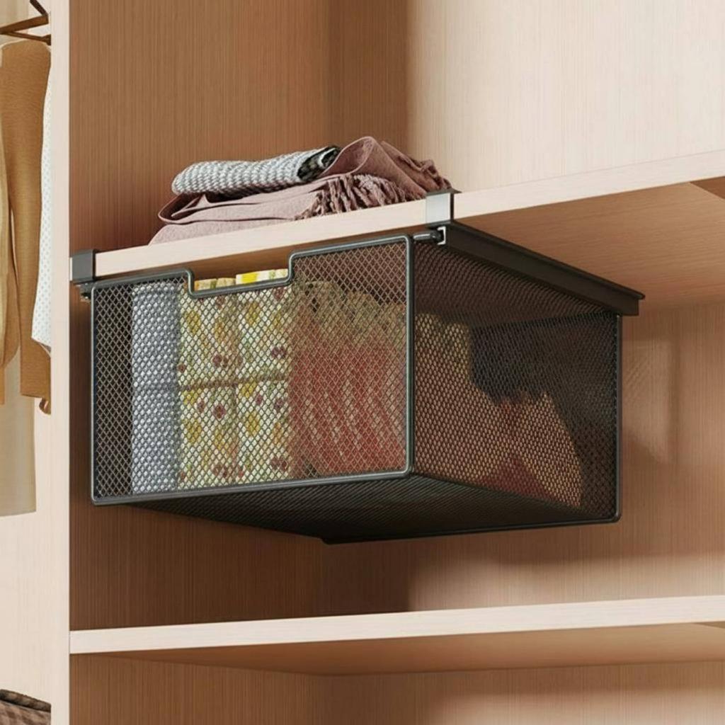4 Pieces Closet Hanging Storage Bin Long-Lasting Wardrobe Mesh Basket Under Shelf Wire Basket Ventilated Multi-Purpose