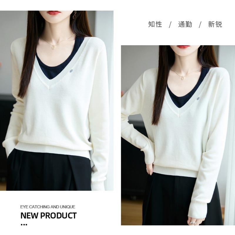 Women S V Neck Fake Two Piece Knit Sweater Long Sleeve Casual Top
