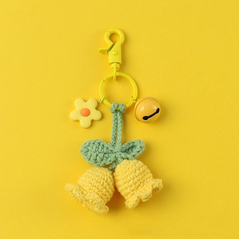 Women Bell Orchid Keychain With Bell Cute Crocheted Handbag Charms Wind Chimes Flower Keyring Bag Pendants Handmade Knitted
