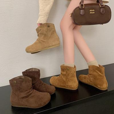 Матовые кожаные складные ботинки Мартин Женские короткие ботинки Осень Круглый носок Плоская подошва Ботинки на меху Женские ботинки Короткие ботинки