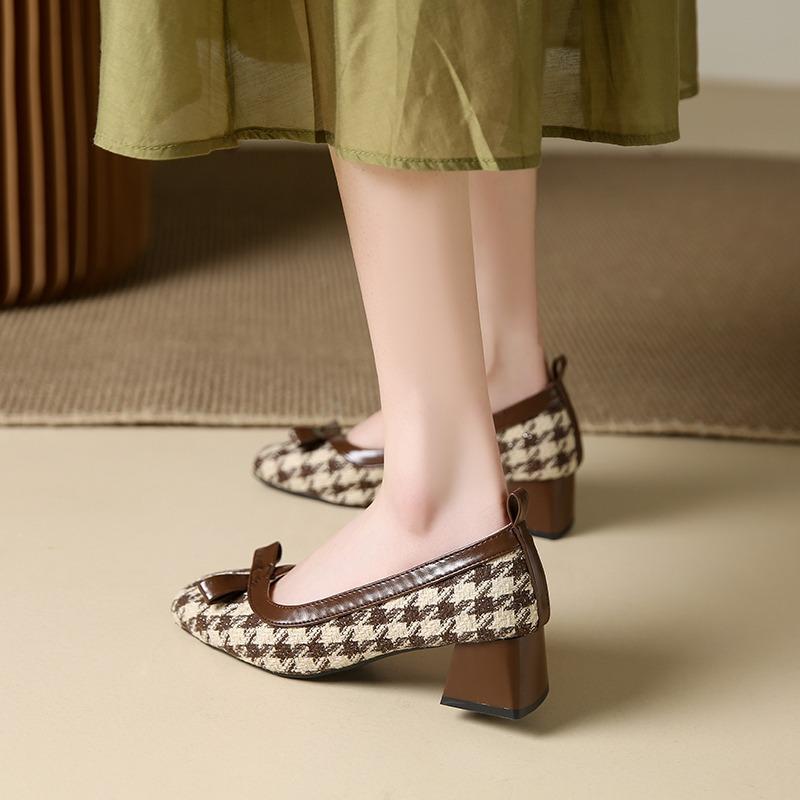Женские туфли-лодочки Костюмные туфли из твида в клетку Туфли-лодочки с квадратными пуговицами Новые дизайнерские туфли Сетка Слипоны Туфли на среднем каблуке Осенние туфли